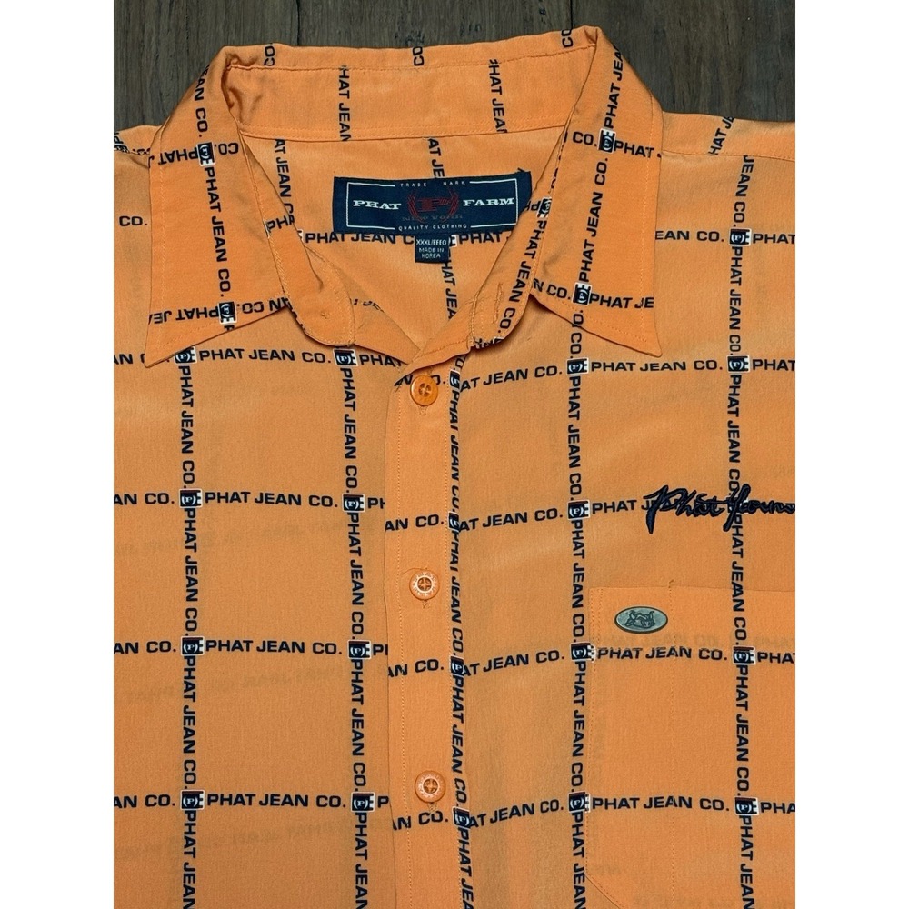 Vintage Phat Farm Shirt Mens 3XL Orange All Over Logo Y2K Hip Hop Button Up